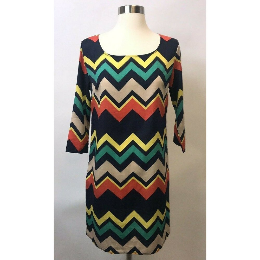 My Story Womens Shift Dress Size Small Blue Green Tan Orange 3/4 Sleeve Zig Zag
